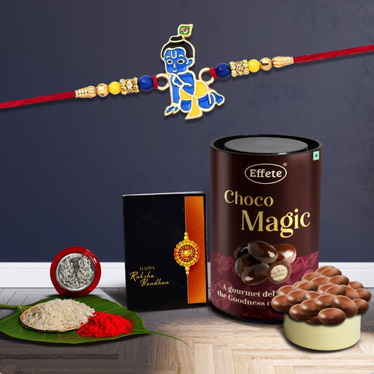 Krishan Ji Design With Beads With Effete Magic Chocolate 96Gm ,Silver Color Pooja Coin, Roli Chawal & Greeting Card - Needs You