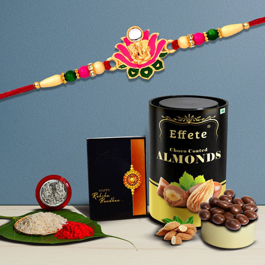 Lotus Flower Design With Beads With Effete Choco Almond Chocolate 96Gm ,Silver Color Pooja Coin, Roli Chawal & Greeting Card - Needs You