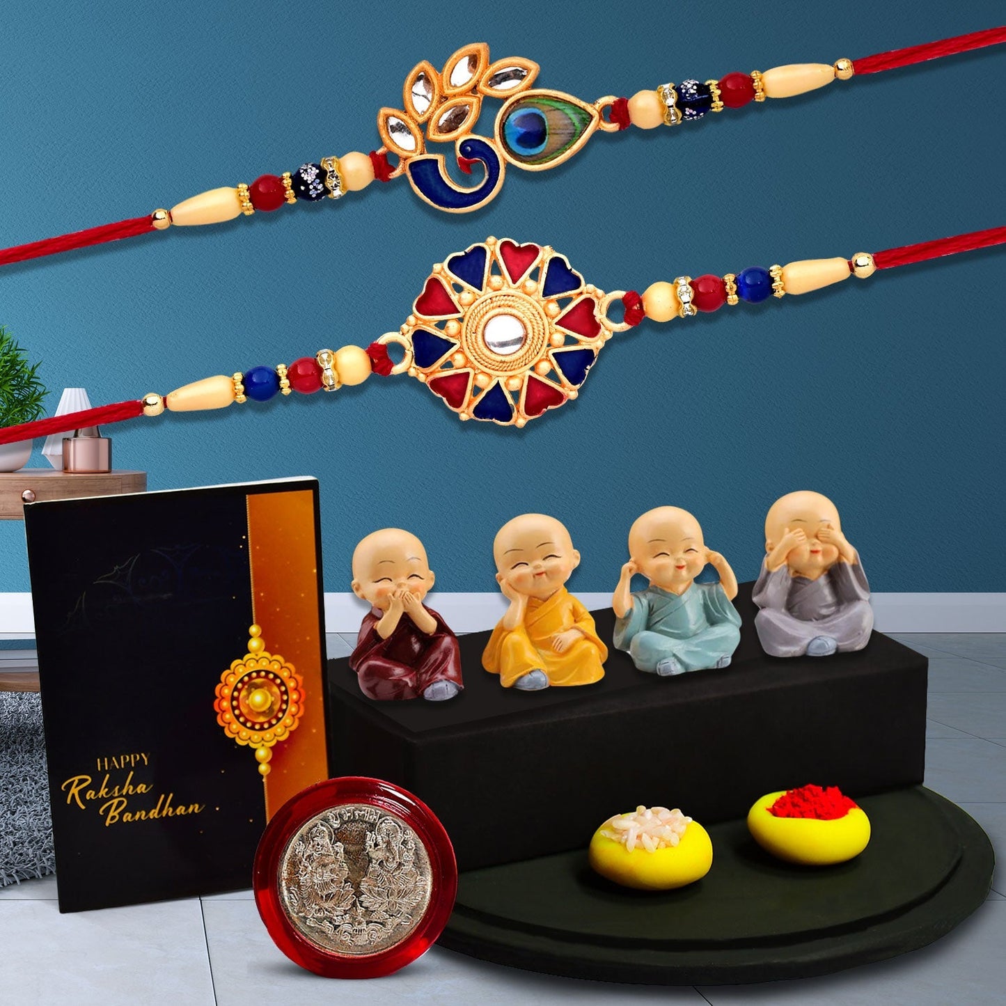 Mor With Morpichh Rakhi And Round Traditional Rakhi With Red And Blue Mina Work With Decorative Baby Buddha Gift ,Silver Color Pooja Coin, Roli Chawal & Greeting Card - Needs You