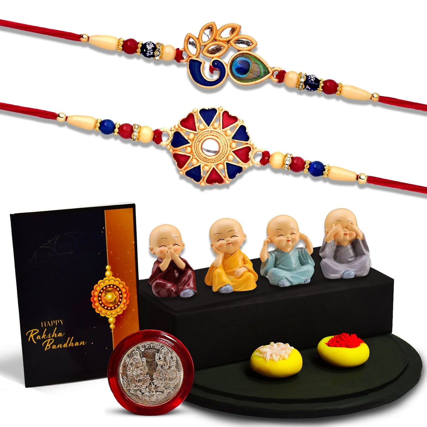 Mor With Morpichh Rakhi And Round Traditional Rakhi With Red And Blue Mina Work With Decorative Baby Buddha Gift ,Silver Color Pooja Coin, Roli Chawal & Greeting Card - Needs You