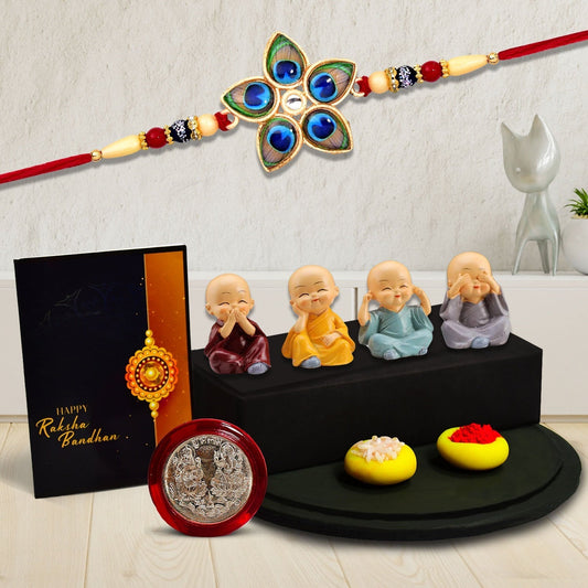 Morpichh Design Rakhi With Diamond With Decorative Baby Buddha Gift ,Silver Color Pooja Coin, Roli Chawal & Greeting Card - Needs You