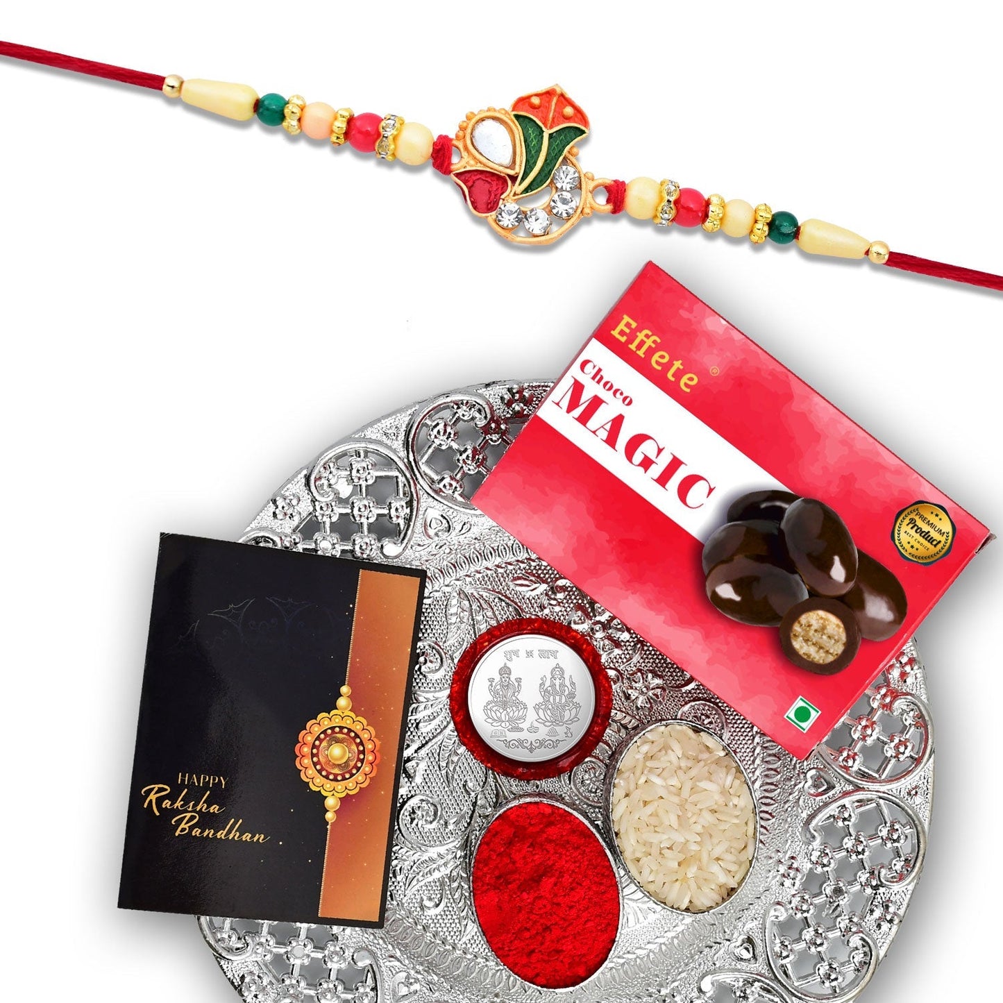 Om Design With Colorful Beads With Effete Choco Magic Chocolate 32Gm With Pooja Thali ,Silver Color Pooja Coin, Roli Chawal & Greeting Card - Needs You