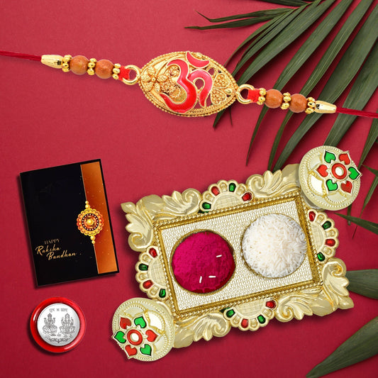 Om Rakhi With Oval Shape With Square Pooja Thali Set ,Silver Color Pooja Coin, Roli Chawal & Greeting Card - Needs You