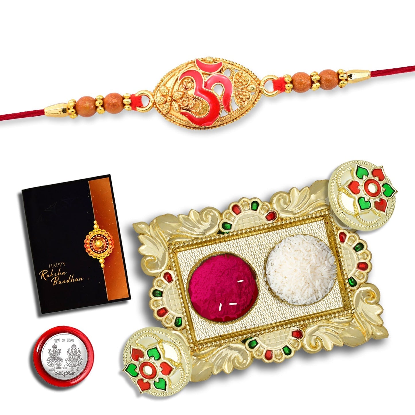 Om Rakhi With Oval Shape With Square Pooja Thali Set ,Silver Color Pooja Coin, Roli Chawal & Greeting Card - Needs You