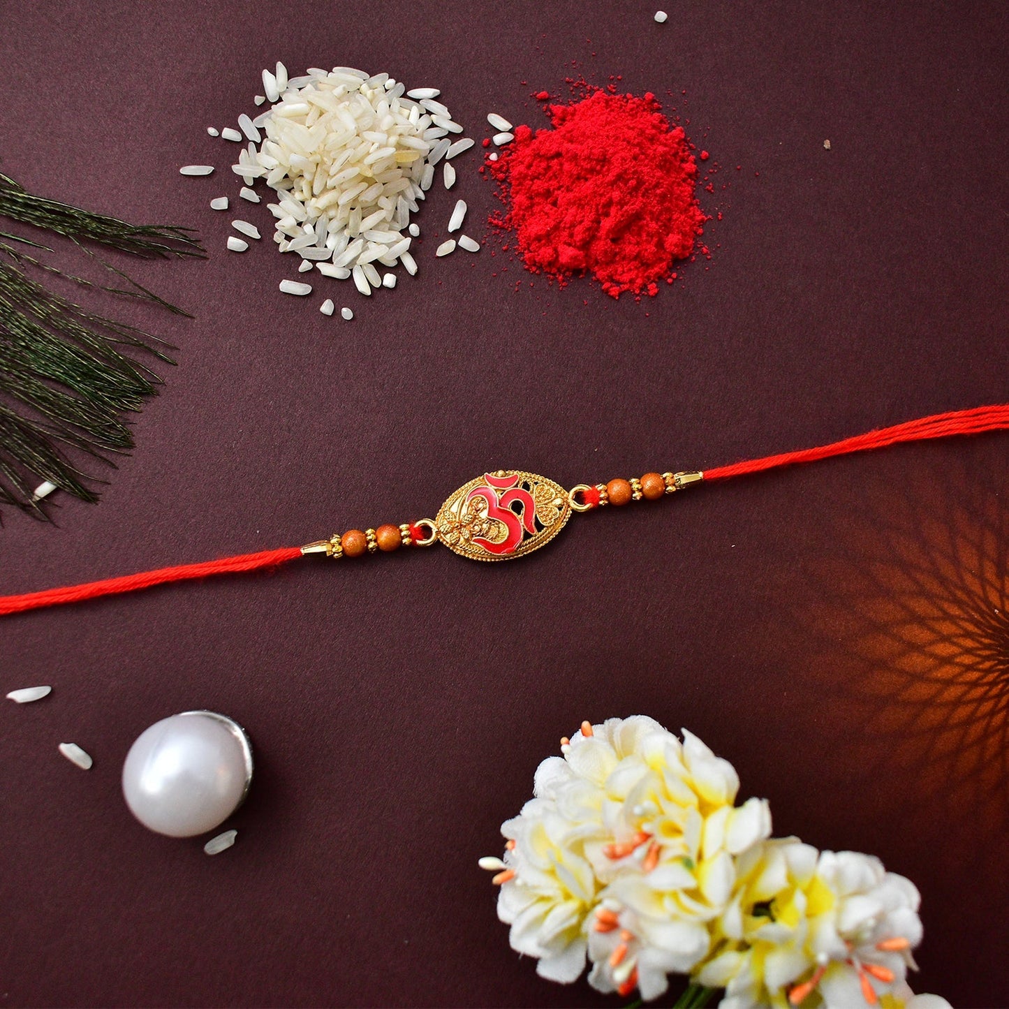 Om Rakhi With Oval Shape With Square Pooja Thali Set ,Silver Color Pooja Coin, Roli Chawal & Greeting Card - Needs You