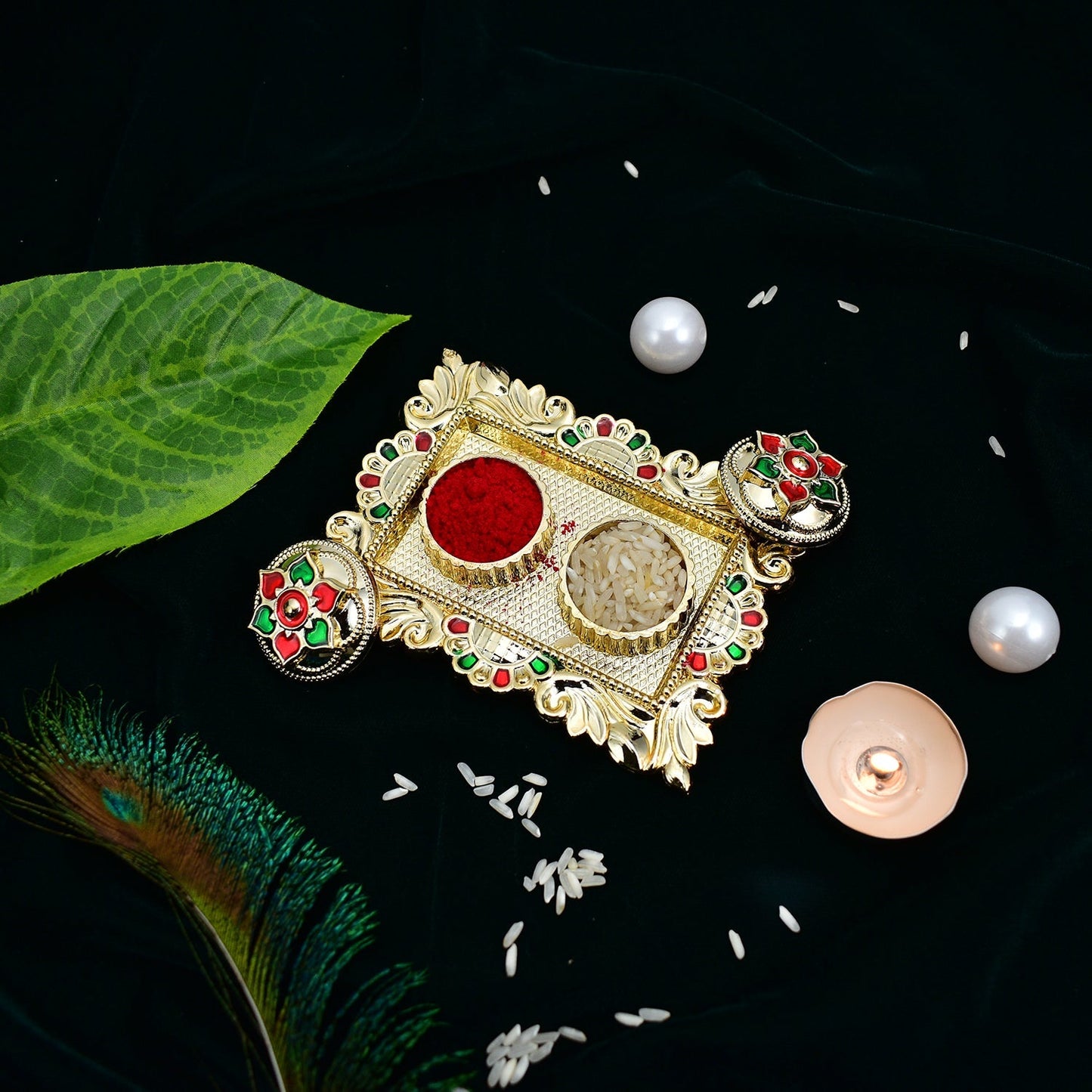 Om Rakhi With Oval Shape With Square Pooja Thali Set ,Silver Color Pooja Coin, Roli Chawal & Greeting Card - Needs You