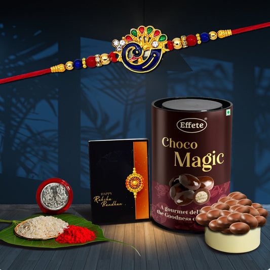 Peacock Design With Red & Green Mina With Effete Magic Chocolate 96Gm ,Silver Color Pooja Coin, Roli Chawal & Greeting Card - Needs You