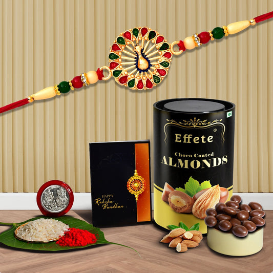 Peacock In Circle With Red & Green Mina With Effete Choco Almond Chocolate 96Gm ,Silver Color Pooja Coin, Roli Chawal & Greeting Card - Needs You