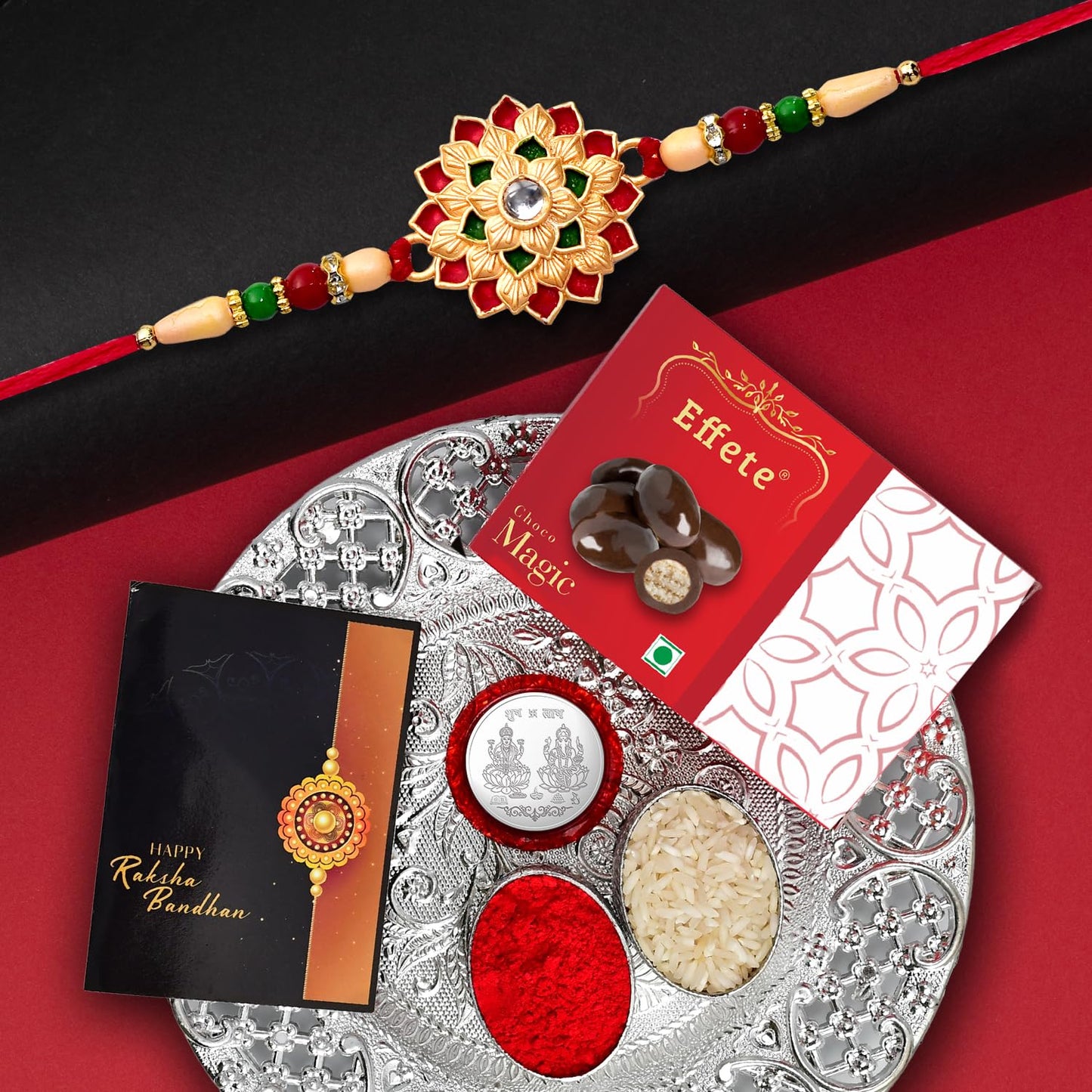 Rakhi for Brother, Bhaiya, Bhabhi, Chocolate Magic 32gm & Pooja Thali, Rakhi with card and chocolate, chocolate gift pack, bracelet for men - Needs You