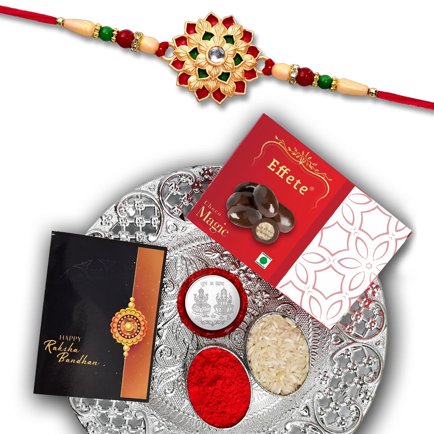 Rakhi for Brother, Bhaiya, Bhabhi, Chocolate Magic 32gm & Pooja Thali, Rakhi with card and chocolate, chocolate gift pack, bracelet for men - Needs You