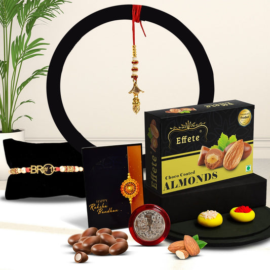 Red & Blue Mina With Diamond And Beads Rakhi With Effete Choco Almond Chocolate 32Gm ,Silver Color Pooja Coin, Roli Chawal & Greeting Card - Needs You