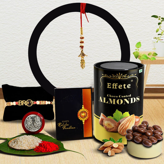 Red & Blue Mina With Diamond And Beads Rakhi With Effete Choco Almond Chocolate 96Gm ,Silver Color Pooja Coin, Roli Chawal & Greeting Card - Needs You