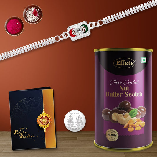 Red & Green Half Moon On Square Shape Bracelet With Effete Butterscotch Chocolate 96Gm ,Silver Color Pooja Coin, Roli Chawal & Greeting Card - Needs You