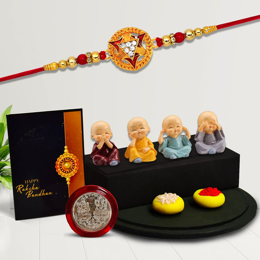 Round Rakhi With Trangal In Middle With Decorative Baby Buddha Gift ,Silver Color Pooja Coin, Roli Chawal & Greeting Card - Needs You