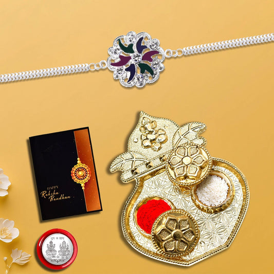 Round Traditional Mina Rakhi With Kalash Pooja Thali Set ,Silver Color Pooja Coin, Roli Chawal & Greeting Card - Needs You