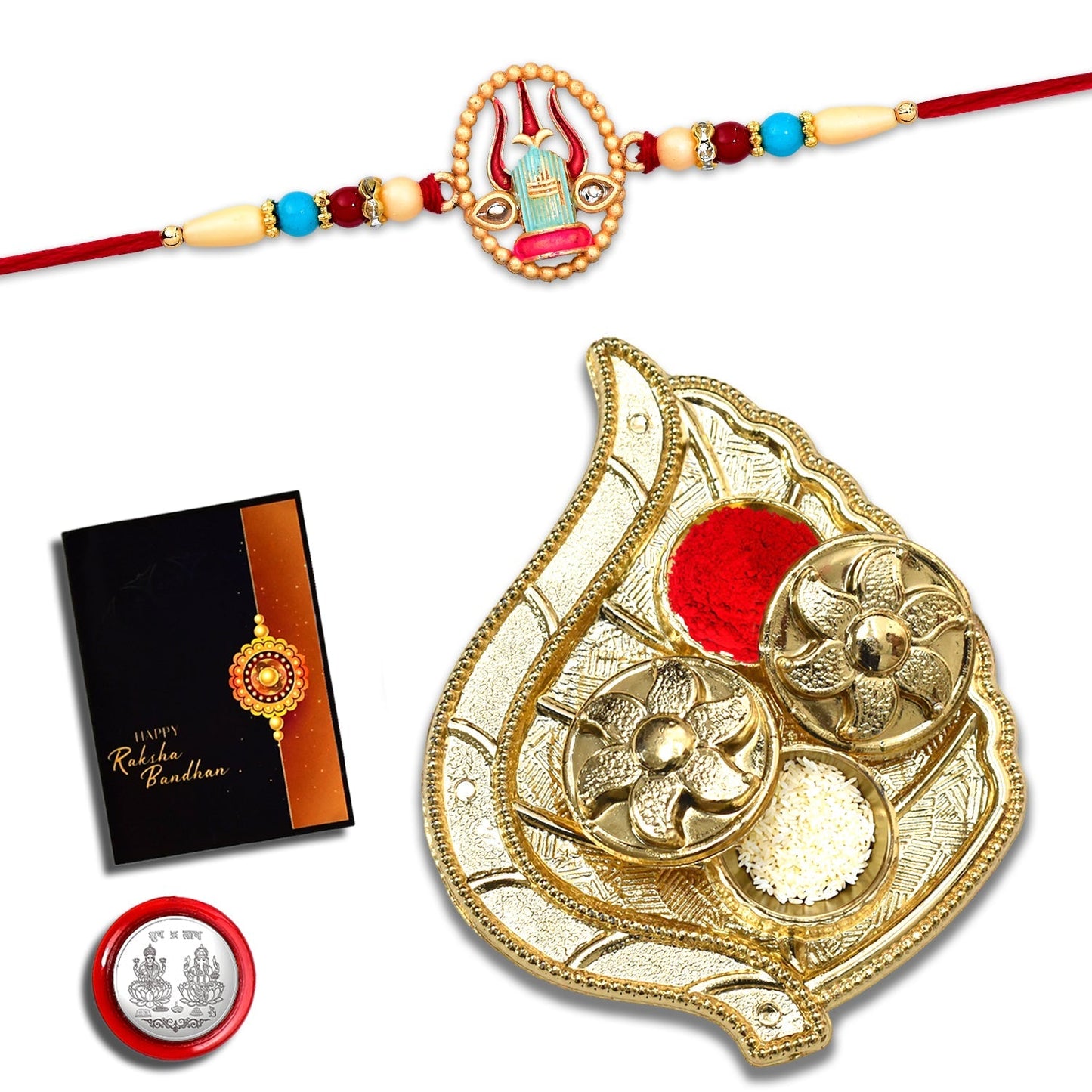 Shivling With Trishul Rakhi With Leaf Pooja Thali Set ,Silver Color Pooja Coin, Roli Chawal & Greeting Card - Needs You