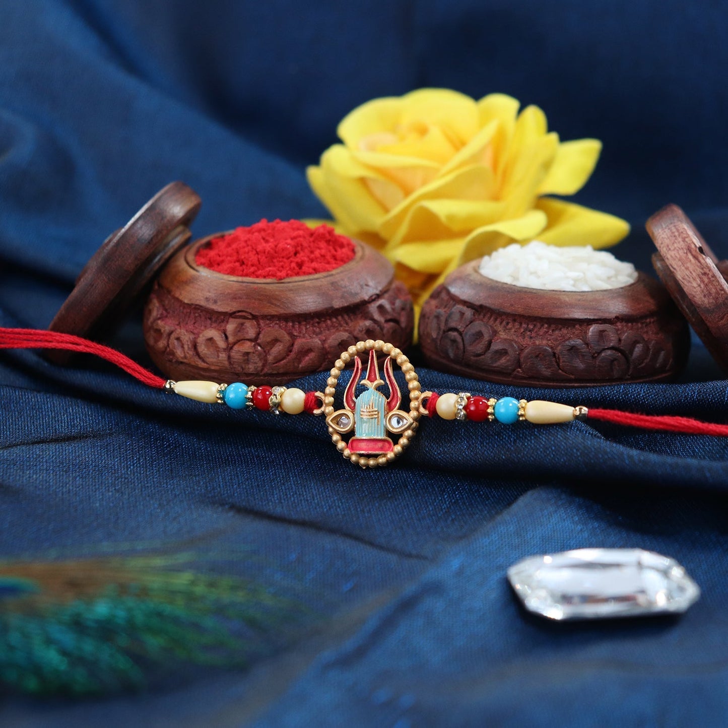 Shivling With Trishul Rakhi With Leaf Pooja Thali Set ,Silver Color Pooja Coin, Roli Chawal & Greeting Card - Needs You