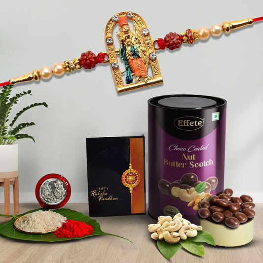 Shree Ram With Rudraksha Beads With Effete Butterscotch Chocolate 96Gm ,Silver Color Pooja Coin, Roli Chawal & Greeting Card - Needs You