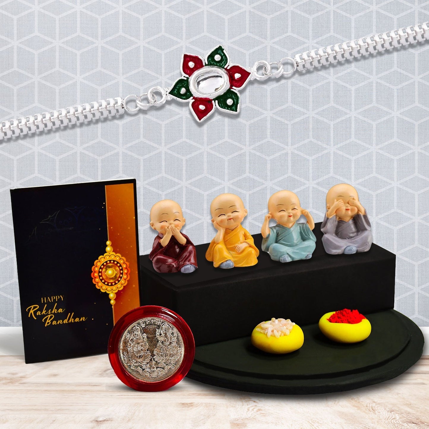 Silver Color Flower Rakhi With Diamond With Decorative Baby Buddha Gift For Your Brother,Silver Color Pooja Coin, Roli Chawal & Greeting Card - Needs You