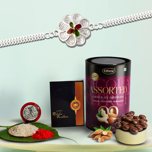 Sparkly Silver Bracelet With A Pretty Flower With Effete Assorted Chocolate 96Gm ,Silver Color Pooja Coin, Roli Chawal & Greeting Card - Needs You