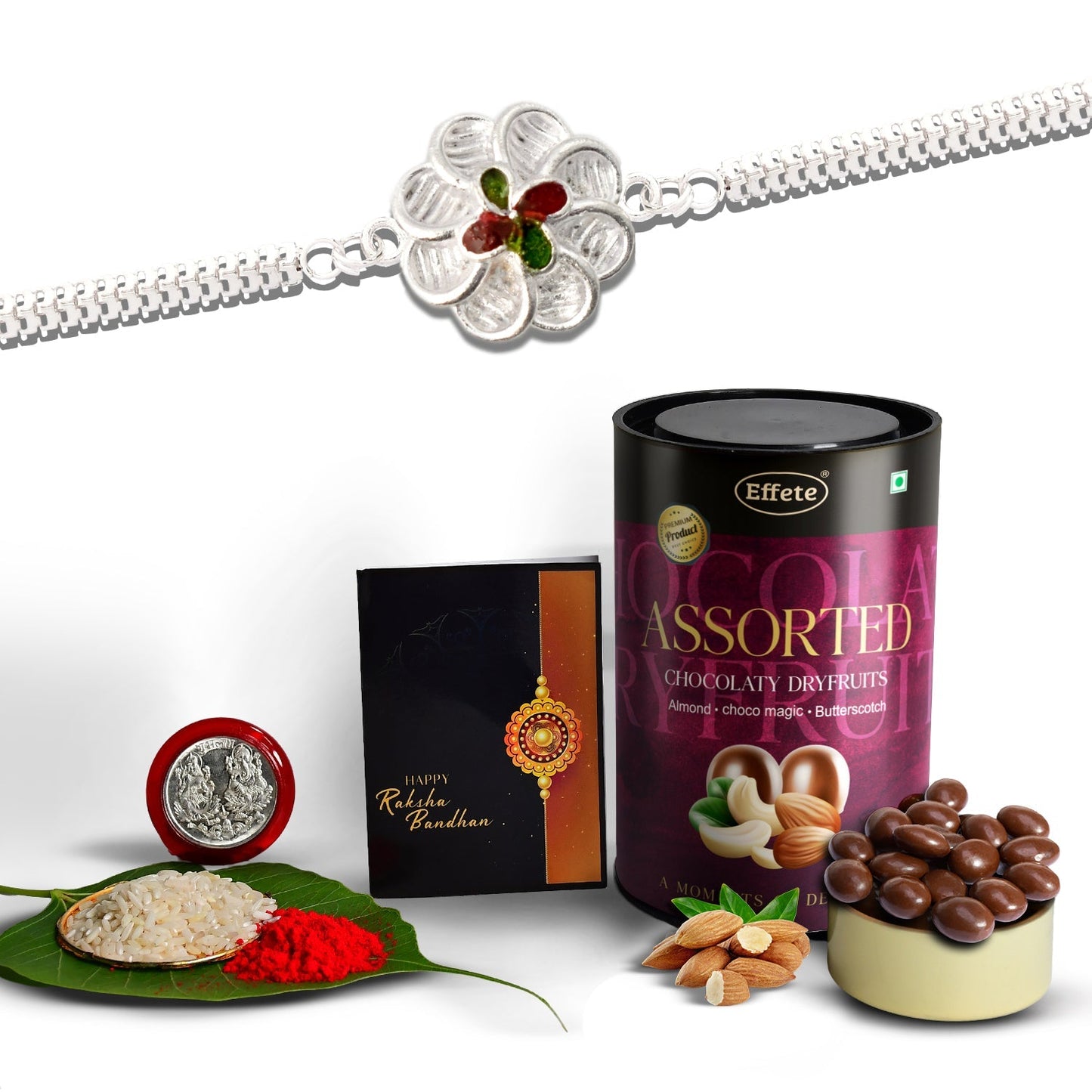 Sparkly Silver Bracelet With A Pretty Flower With Effete Assorted Chocolate 96Gm ,Silver Color Pooja Coin, Roli Chawal & Greeting Card - Needs You