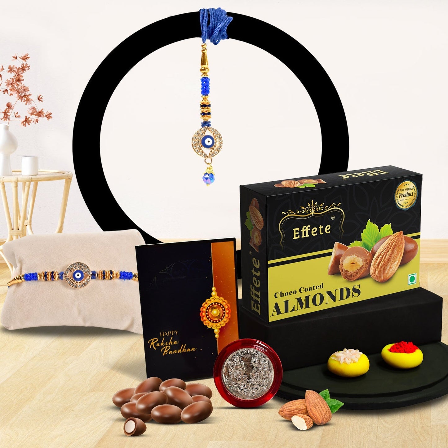 Square Traditional Rakhi With Diamond With Effete Choco Almond Chocolate 32Gm ,Silver Color Pooja Coin, Roli Chawal & Greeting Card - Needs You