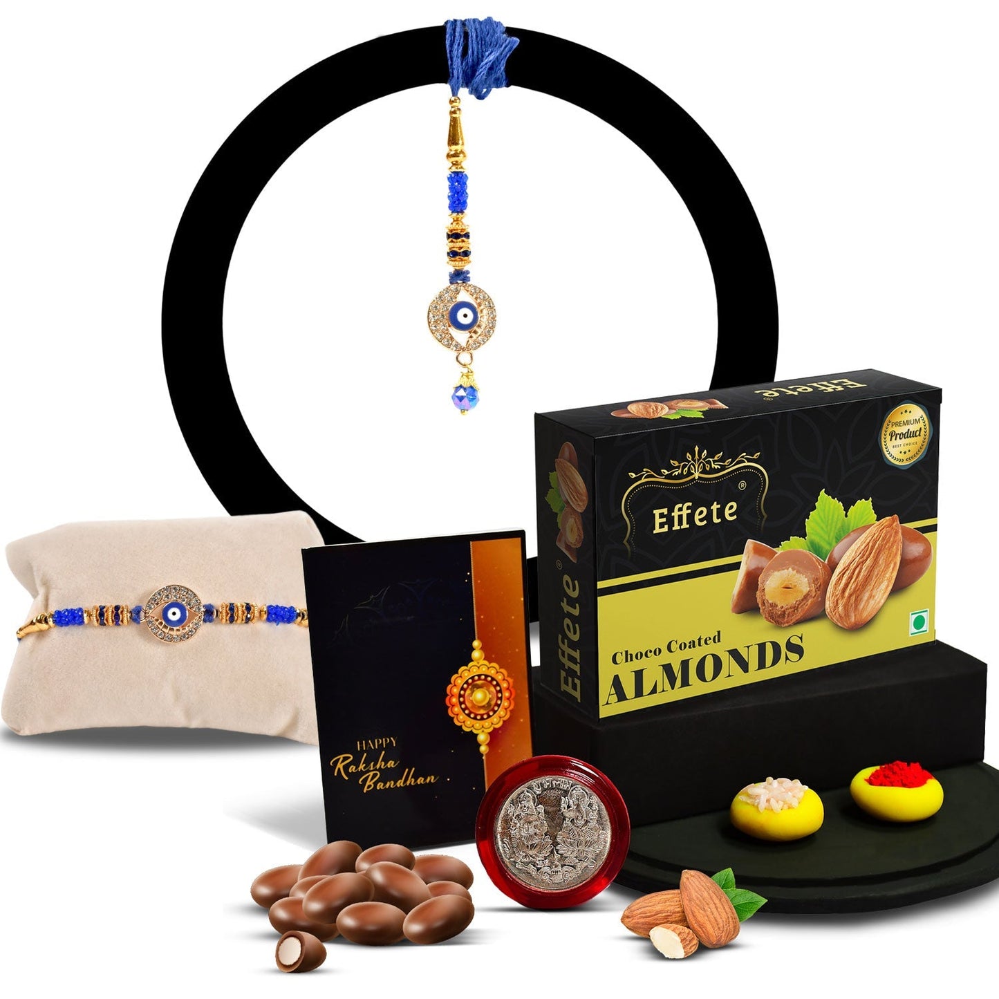 Square Traditional Rakhi With Diamond With Effete Choco Almond Chocolate 32Gm ,Silver Color Pooja Coin, Roli Chawal & Greeting Card - Needs You