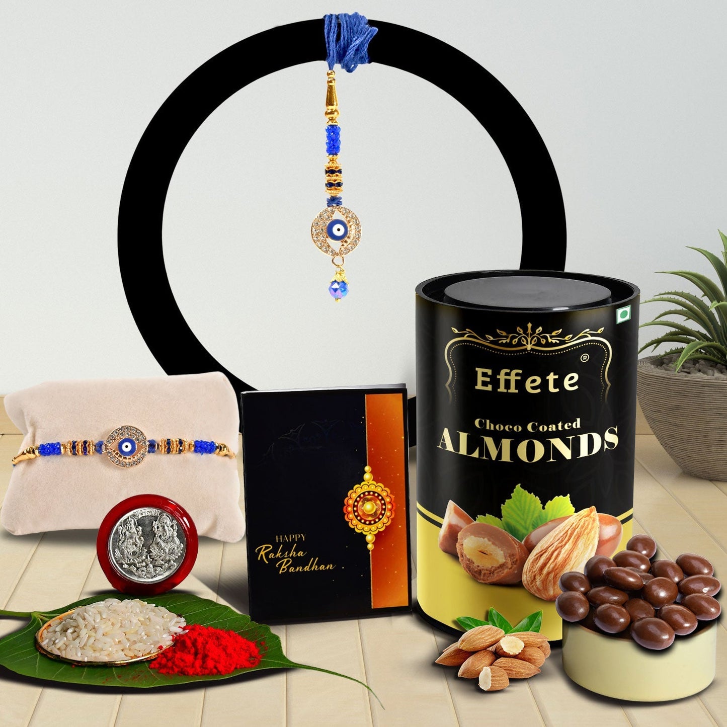 Square Traditional Rakhi With Diamond With Effete Choco Almond Chocolate 96Gm ,Silver Color Pooja Coin, Roli Chawal & Greeting Card - Needs You