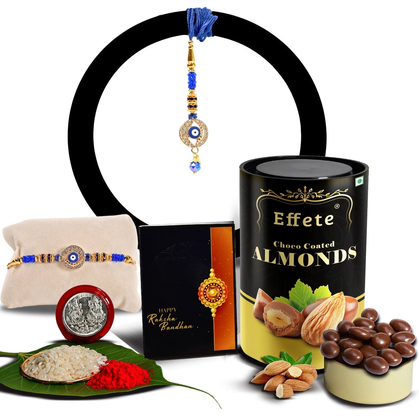 Square Traditional Rakhi With Diamond With Effete Choco Almond Chocolate 96Gm ,Silver Color Pooja Coin, Roli Chawal & Greeting Card - Needs You