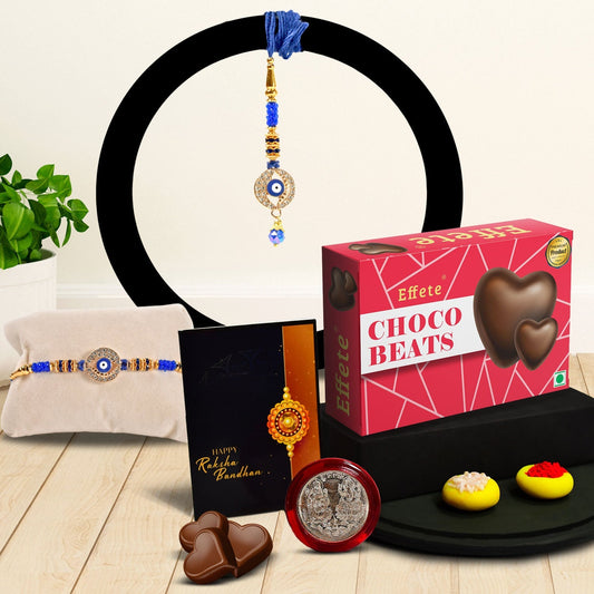 Square Traditional Rakhi With Diamond With Effete Choco Beats Chocolate 32Gm ,Silver Color Pooja Coin, Roli Chawal & Greeting Card - Needs You