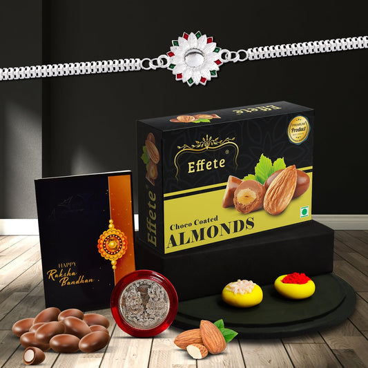 Sunflower Shape With Red & Green Mina Bracelet With Effete Choco Almond Chocolate 32Gm ,Silver Color Pooja Coin, Roli Chawal & Greeting Card - Needs You