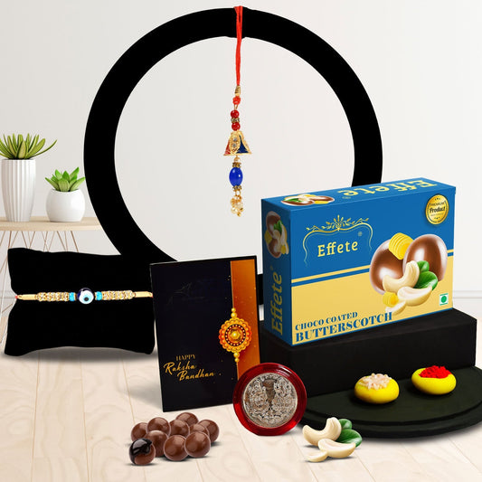 Traditional Design Diamond Rakhi With Effete Butterscotch Chocolate 32Gm ,Silver Color Pooja Coin, Roli Chawal & Greeting Card - Needs You