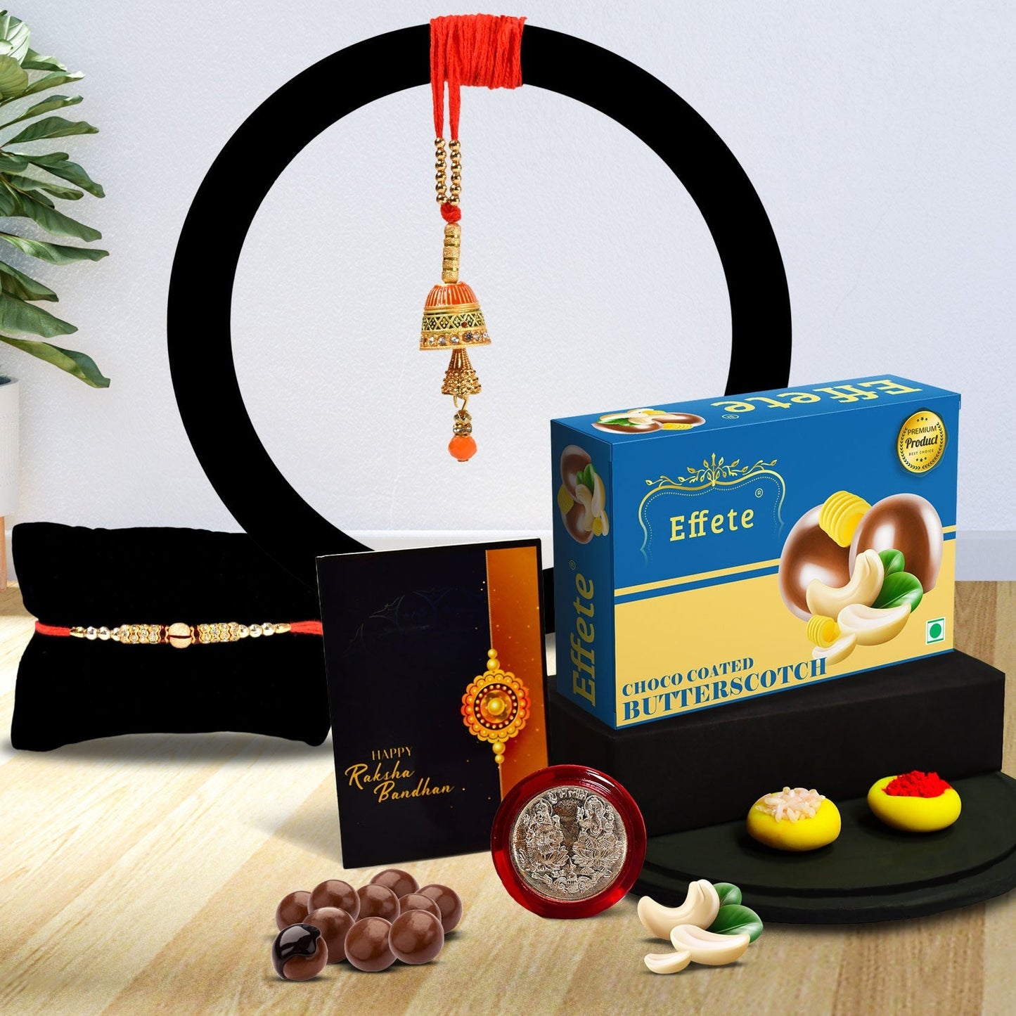 Traditional Rakhi With 3 Diamond With Effete Butterscotch Chocolate 32Gm ,Silver Color Pooja Coin, Roli Chawal & Greeting Card - Needs You