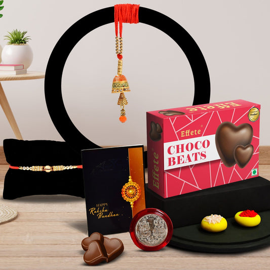 Traditional Rakhi With 3 Diamond With Effete Choco Beats Chocolate 32Gm ,Silver Color Pooja Coin, Roli Chawal & Greeting Card - Needs You