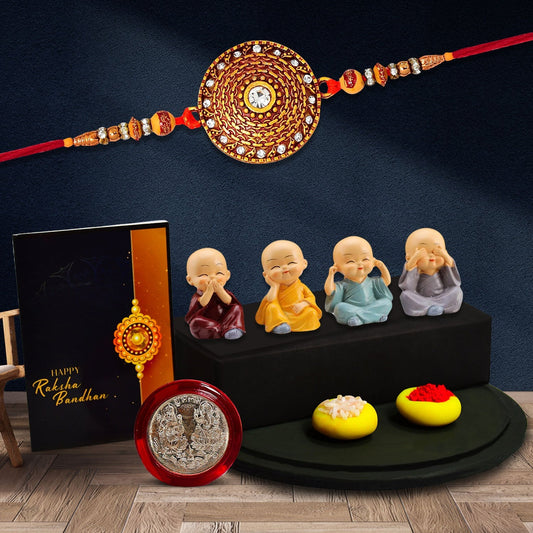 Traditional Round Shape Rakhi With Diamonds With Decorative Baby Buddha Gift ,Silver Color Pooja Coin, Roli Chawal & Greeting Card - Needs You