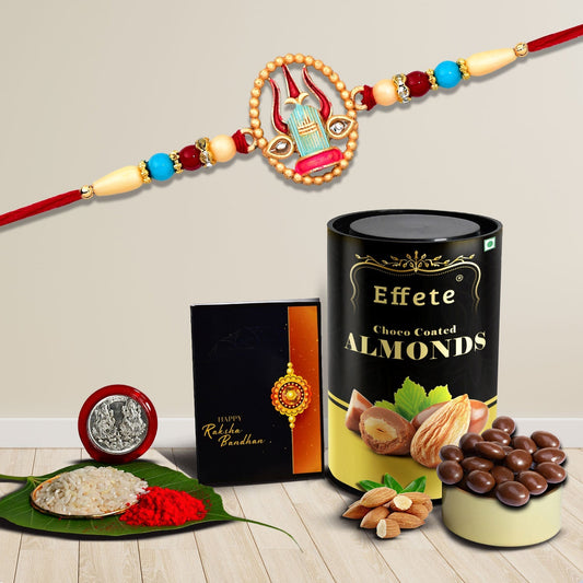 Trishul Design With Colorful Beads With Effete Choco Almond Chocolate 96Gm ,Silver Color Pooja Coin, Roli Chawal & Greeting Card - Needs You