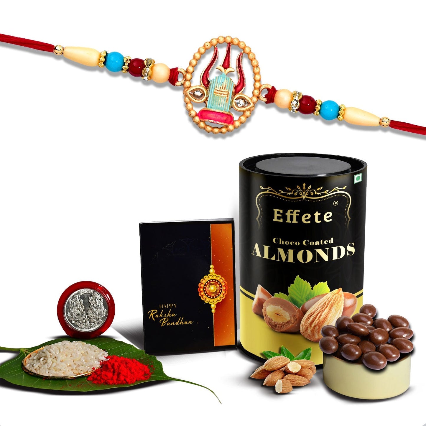 Trishul Design With Colorful Beads With Effete Choco Almond Chocolate 96Gm ,Silver Color Pooja Coin, Roli Chawal & Greeting Card - Needs You