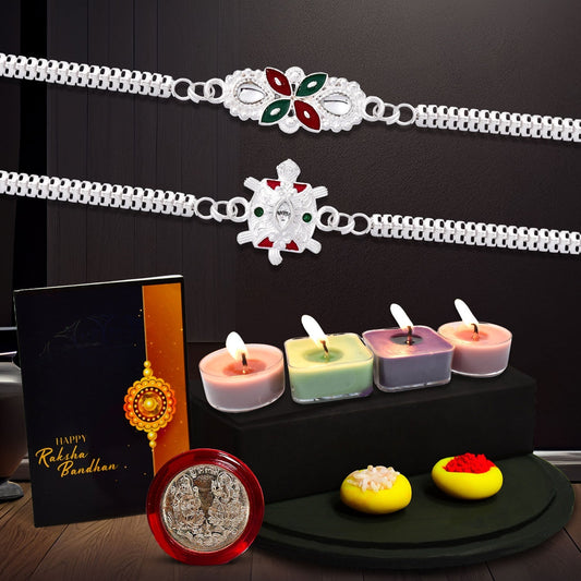 Turtle Silver Color Rakhi With Square Traditional Rakhi With Decorative Gift 4Pc Diya Set ,Silver Color Pooja Coin, Roli Chawal & Greeting Card - Needs You